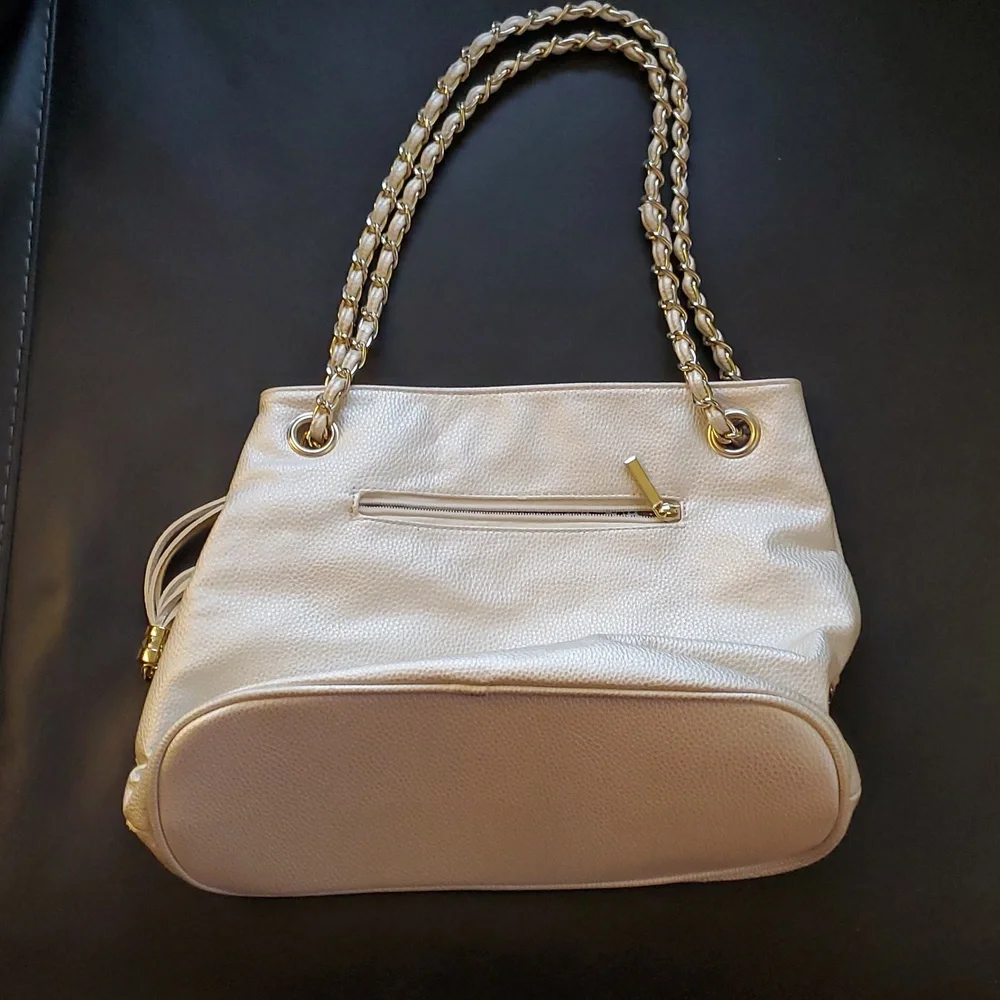 IMOSHION Cream Pearl Tote Bag Purse with Silver STUDDED Accents RHINESTONES